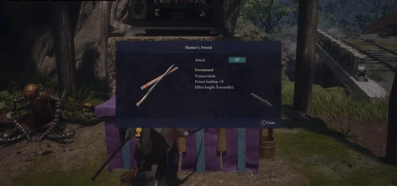 Hunter’s SwordのAttack 27とPoison buildup +5を示す取得画面